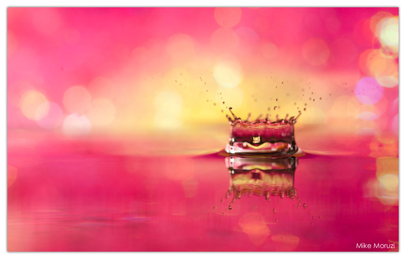 Water drop, reflection, pink, yellow